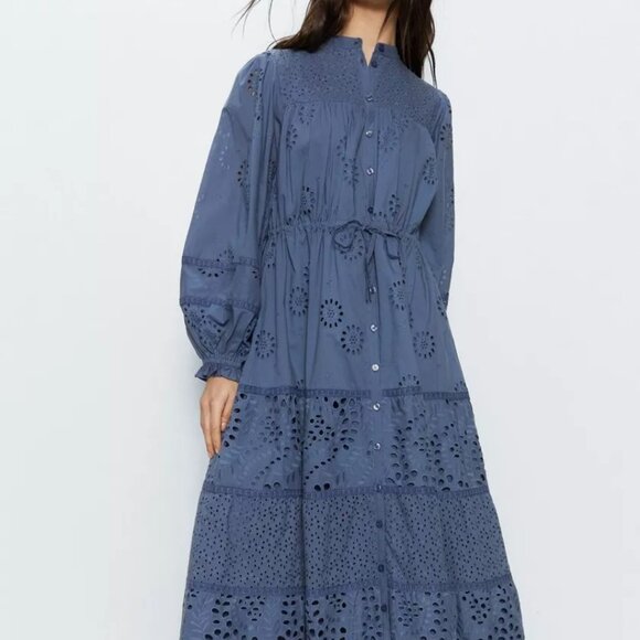 Warehouse Asos Blue Broderie Drawstring Waist Midi Dress - Picture 1 of 4